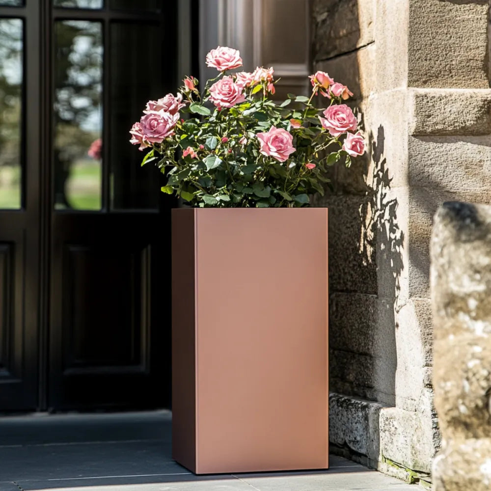 50cm Zinc Brushed Rose Gold Finish Tall Square Planter