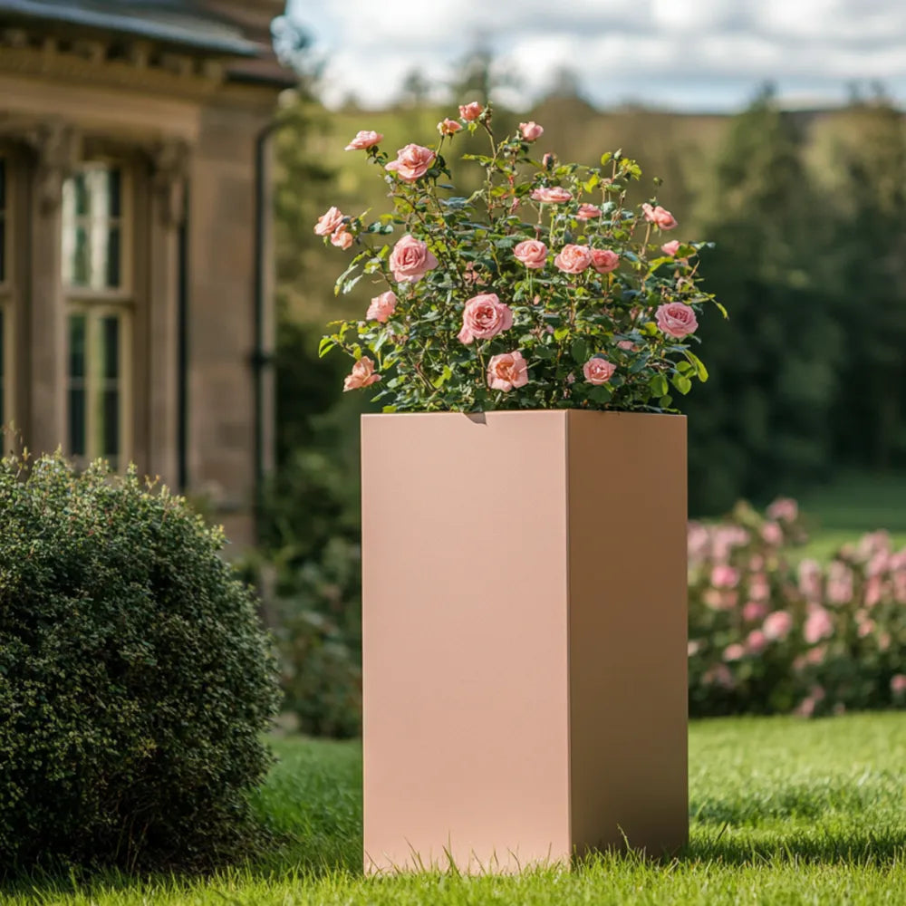 50cm Zinc Brushed Rose Gold Finish Tall Square Planter