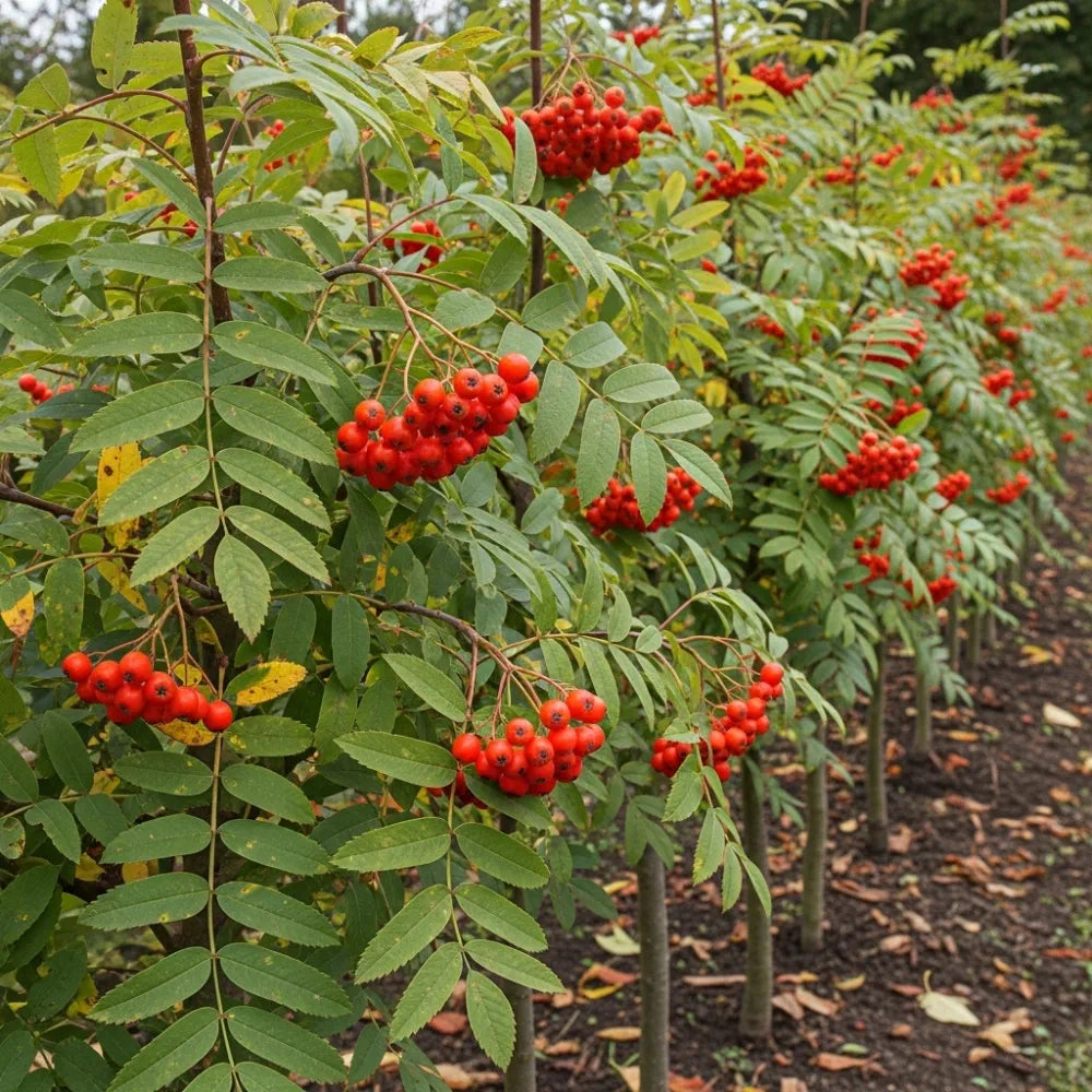 Adjust the Row of vibrant red berry clusters on lush green-leaved Rowan Hedging | Mountain Ash | Sorbus aucuparia trees, aligned in a garden setting.