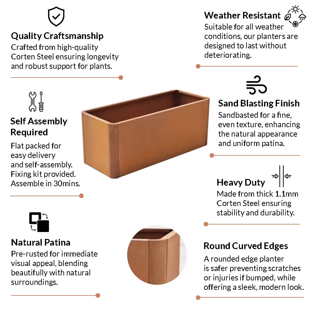 100cm Corten Steel Rounded Corner Trough Planter