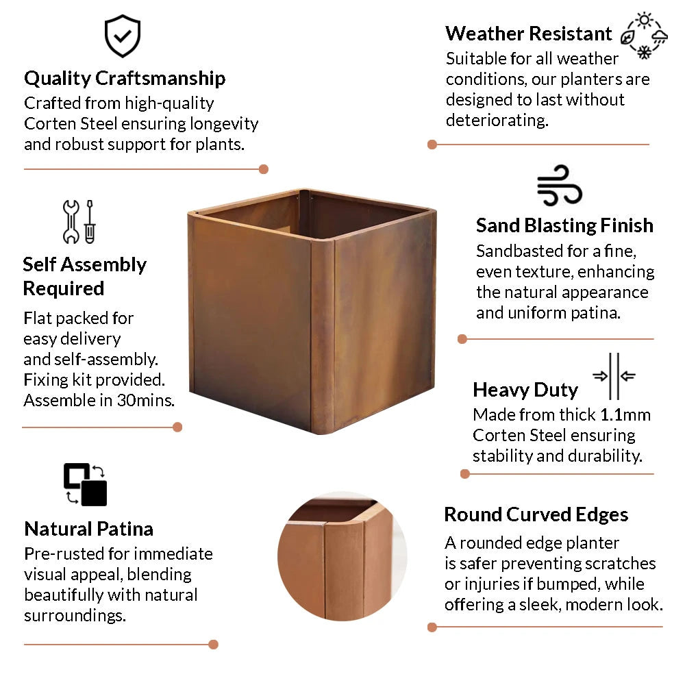 60cm Corten Steel Rounded Corner Cube Planter