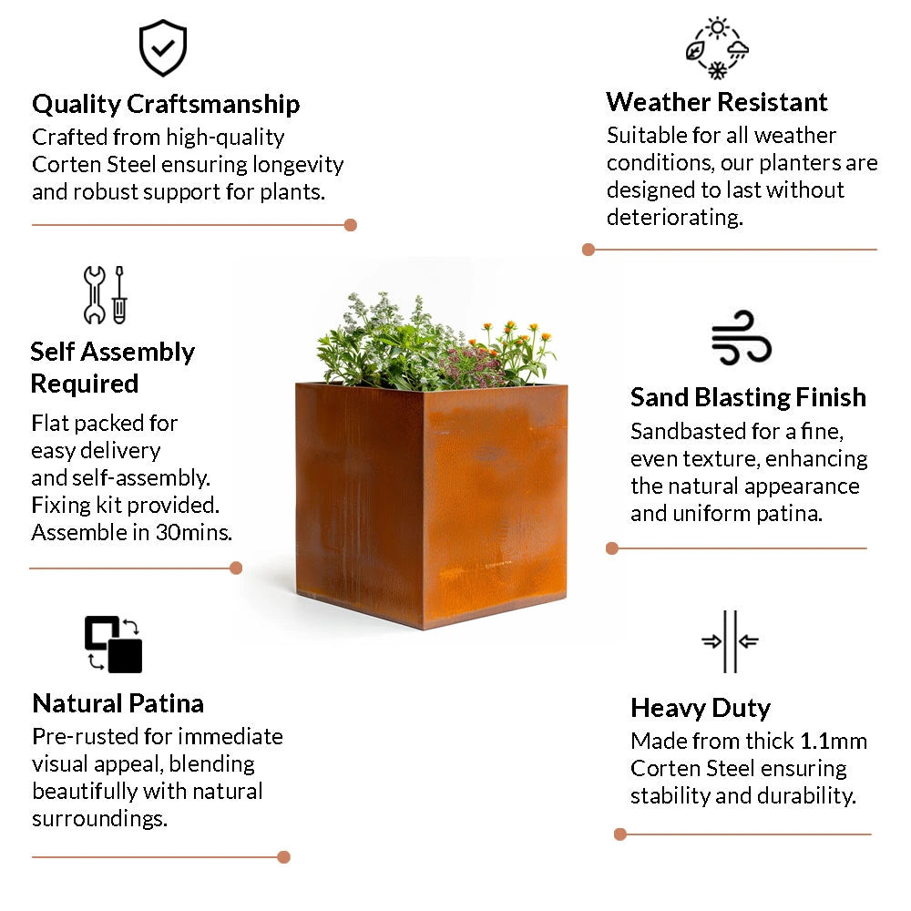 40cm Corten Steel Straight Edge Cube Planter