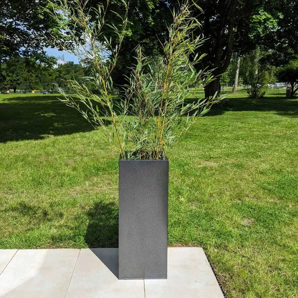 Large garden planters filled with vibrant flowers