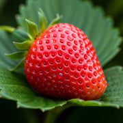 Ripe red Strawberries for Hanging Baskets | Grower's Choice, glossy surface & seeds, on vibrant green leaves, fresh in a garden setting.