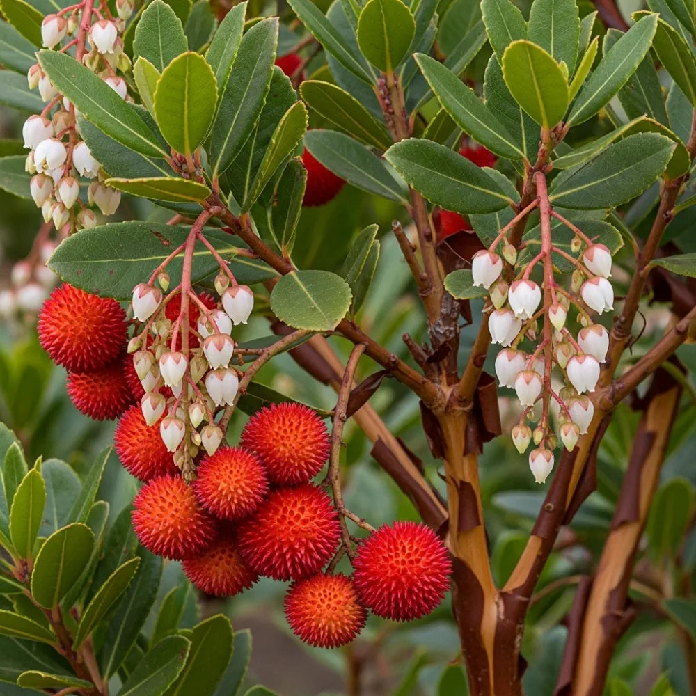 Bright red spiky fruits and clusters of white bell-shaped flowers on an Arbutus unedo with glossy green leaves and brown branches.