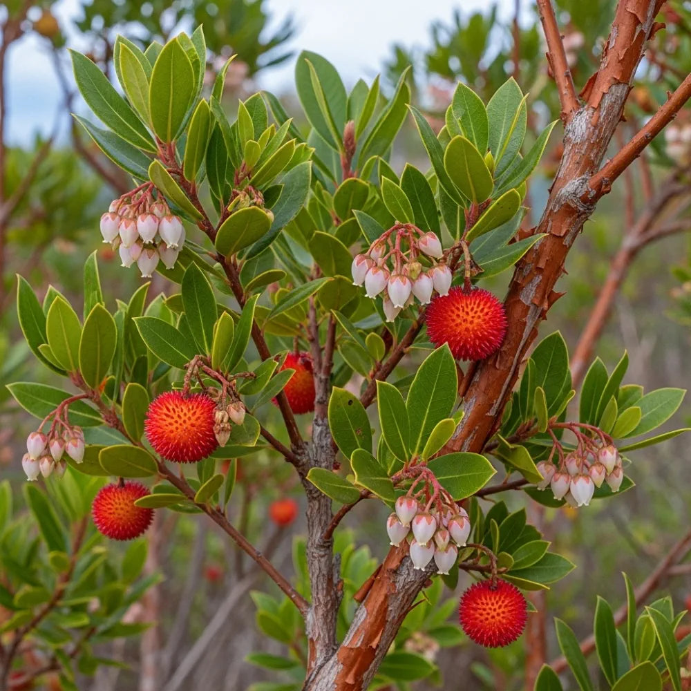 Adjust the Strawberry Tree (Arbutus unedo) with vibrant red fruit and clusters of small white flowers, surrounded by glossy green leaves and textured brown bark.