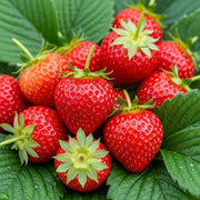 Fresh, ripe 'Summer Breeze Cherry' strawberries with green leaves, arranged closely on vibrant green foliage, showcasing natural texture & color.