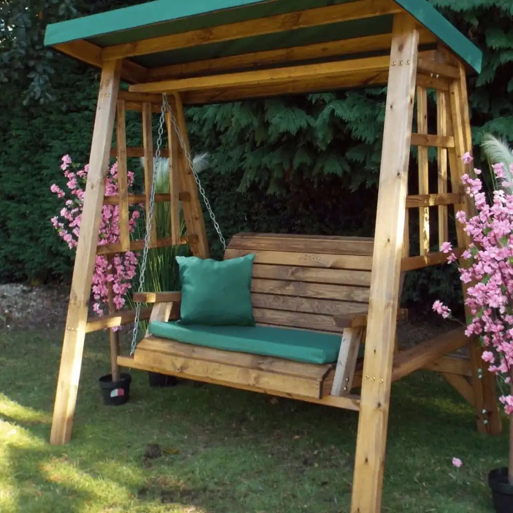Charles Taylor Two Seat Swing with Green Roof Cover Woven Wood