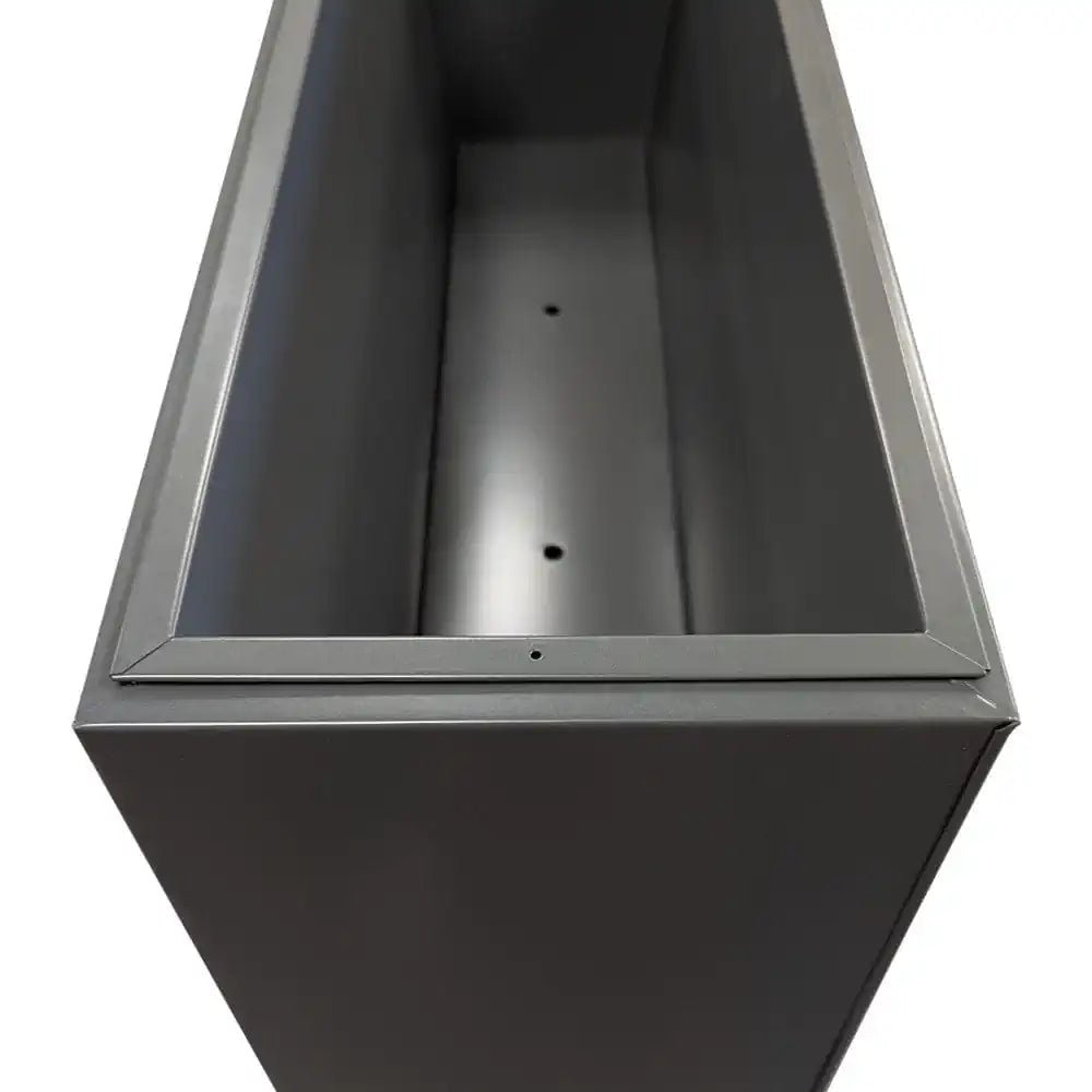 A tall grey trough planter filled with vibrant flowers, creating a striking focal point. Comes with an insert container