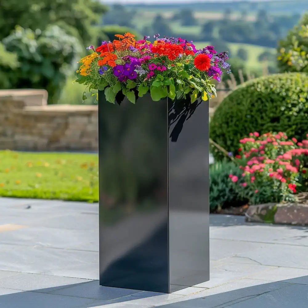 tall standing planter on woven wood