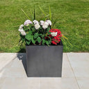 Array of trough planters in a sunny garden