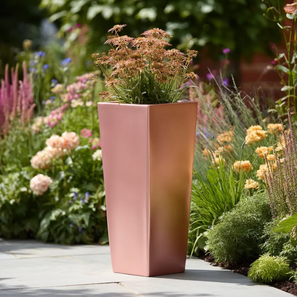 DAMAGED (READ DESCRIPTION) 90cm Zinc Galvanised Brushed Rose Gold Finish Tall Tapered Square Planter