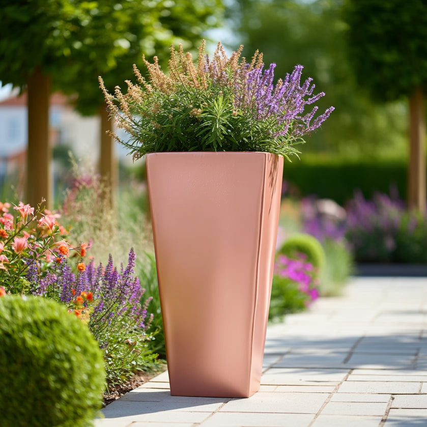 90cm Zinc Galvanised Brushed Rose Gold Finish Tall Tapered Square Planter