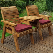 teak love seats with burgundy cushions from Woven Wood