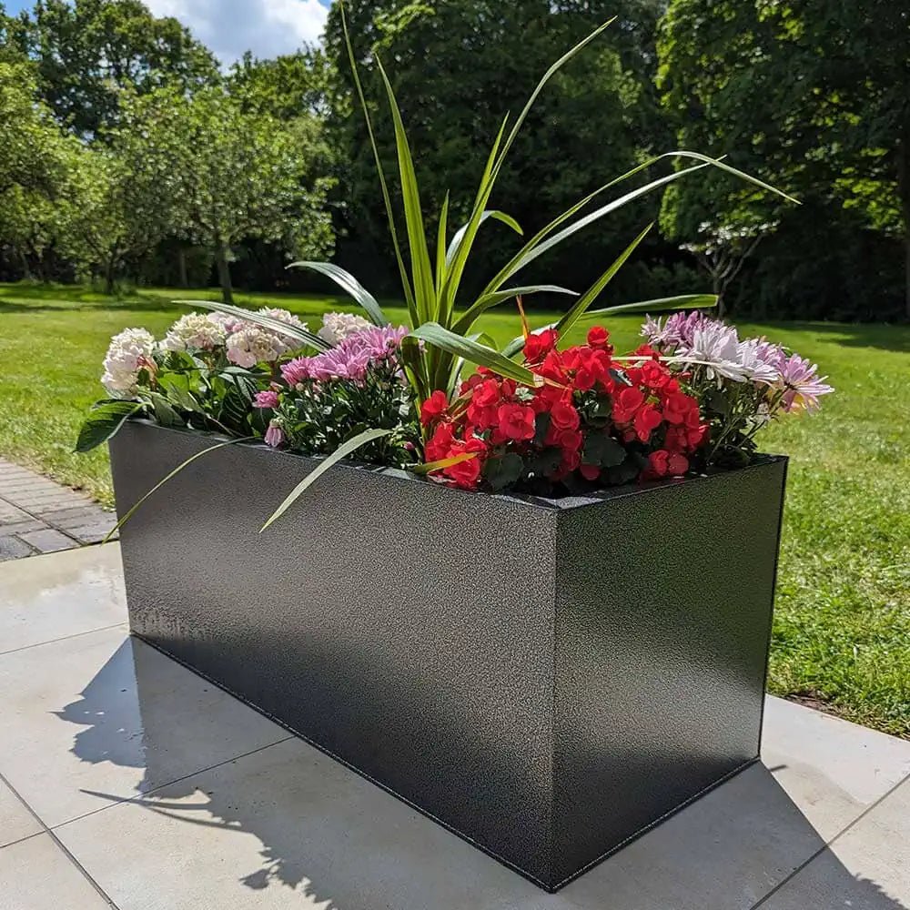 Array of trough planters arranged neatly.
