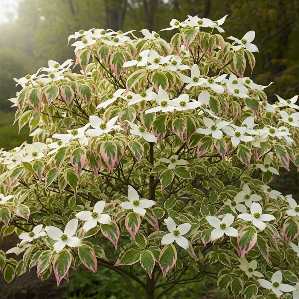 Variegated White Flowering Dogwood Tree (Cornus florida 'Rainbow') with white flowers, pink-tinged green leaves, soft light, blurred natural background.