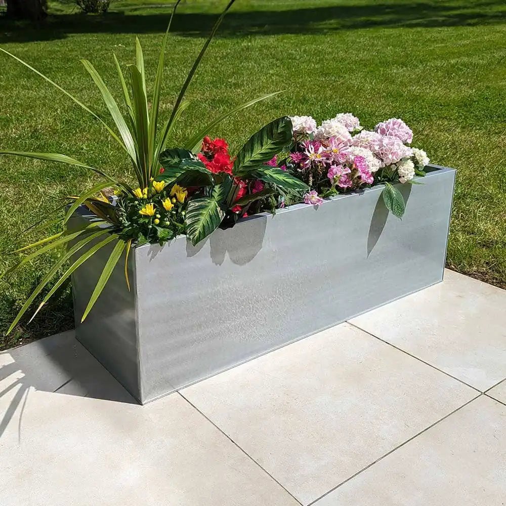 Array of trough planters in the garden.