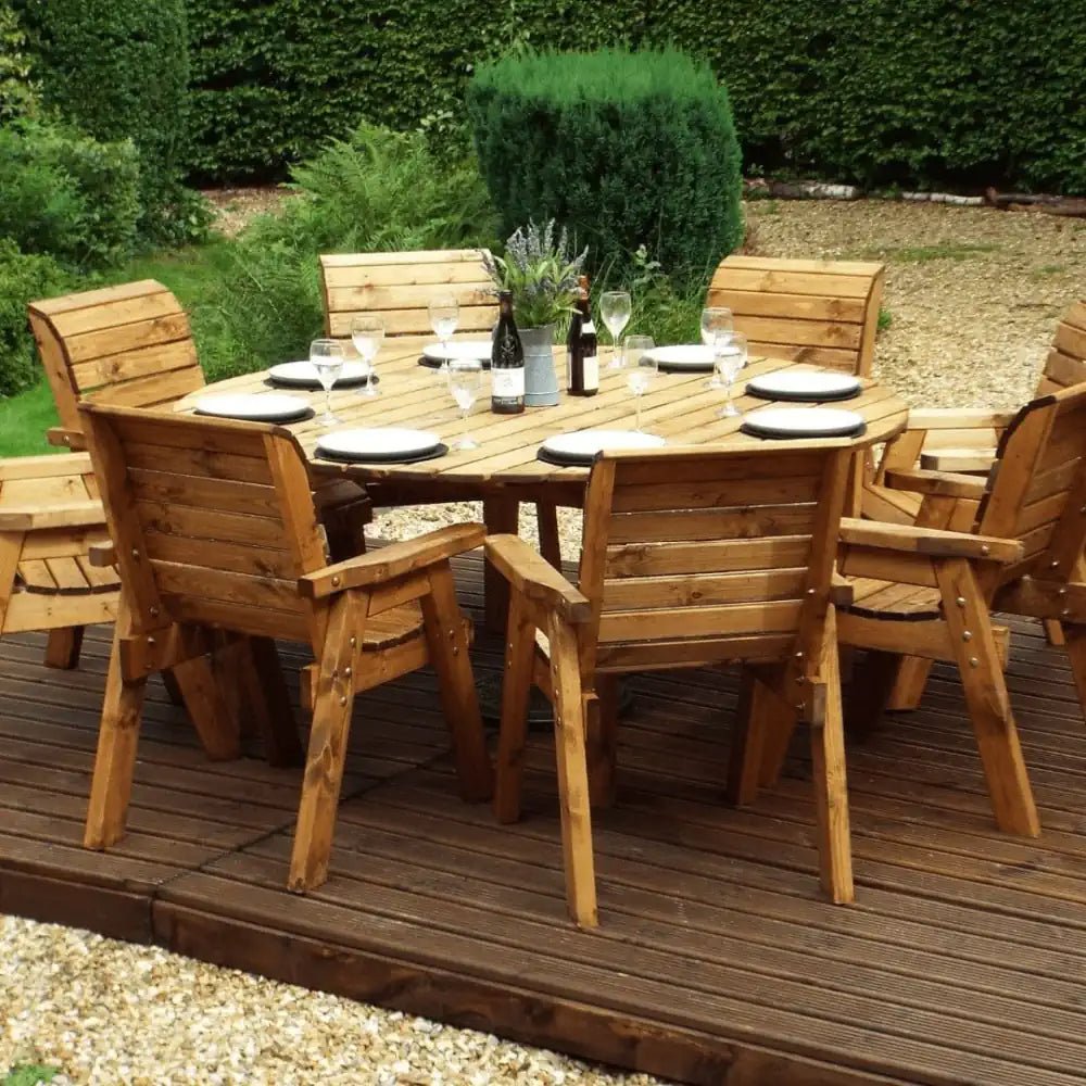 Host unforgettable soirées with this elegant al fresco dining set, featuring a spacious wooden table and comfortable chairs.