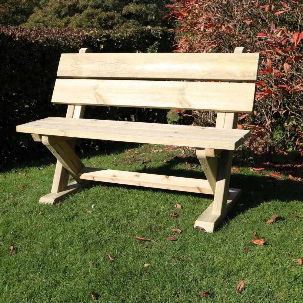 Wooden garden bench providing a rustic seating option for outdoor relaxation.