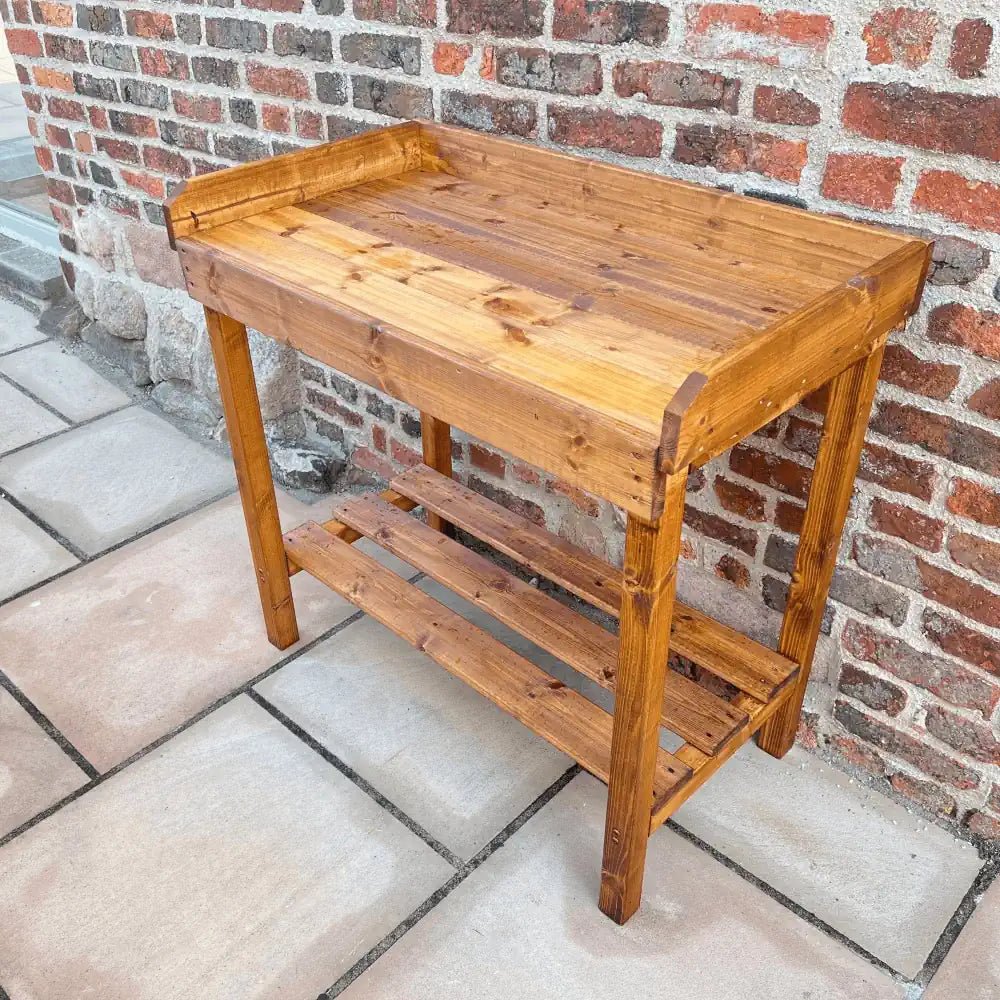 wooden garden table outdoor staging woven wood