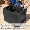 Add our liner to extend your planter warranty by an additional year - matte black zinc cube planter with fabric liner fitted