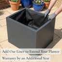 Add our liner to extend your planter warranty by an additional year - matte grey zinc cube planter with fabric liner fitted