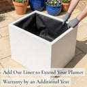 Add our liner to extend your planter warranty by an additional year - matte white zinc cube planter with fabric liner fitted