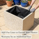 Add our liner to extend your planter warranty by an additional year - sand stone effect zinc cube planter with fabric liner fitted