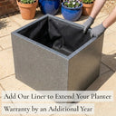Add our liner to extend your planter warranty by an additional year - silver black textured zinc cube planter with fabric liner fitted