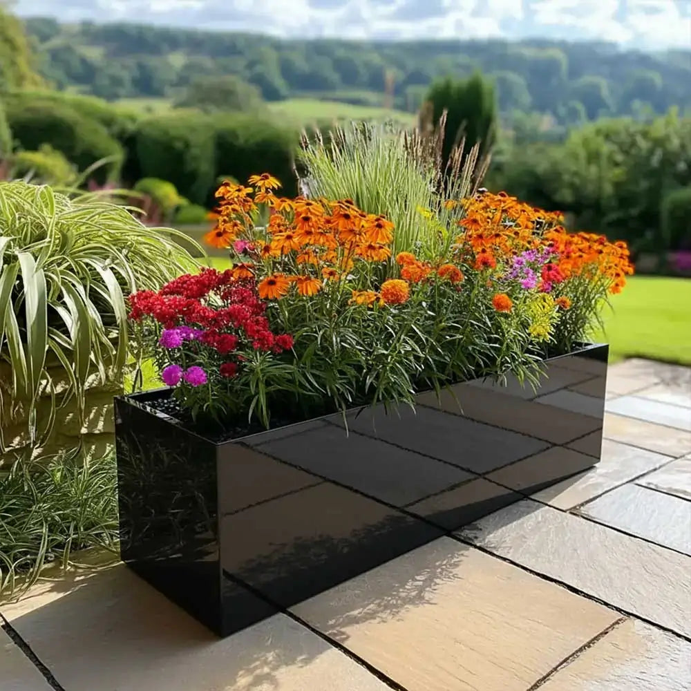 120cm Zinc Galvanised Polished Black Trough Planter – Woven Wood