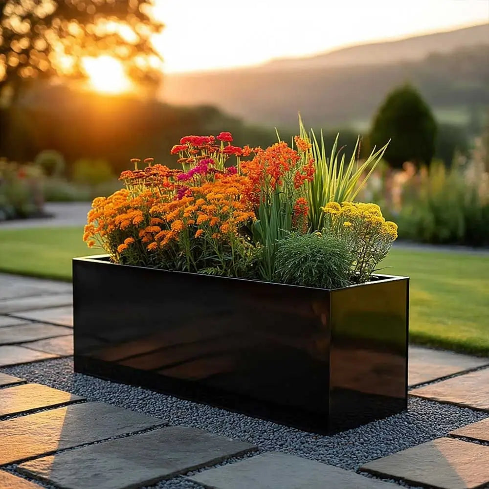black gloss plant pots 100cm Zinc Galvanised Polished Black Trough Planter – Woven Wood