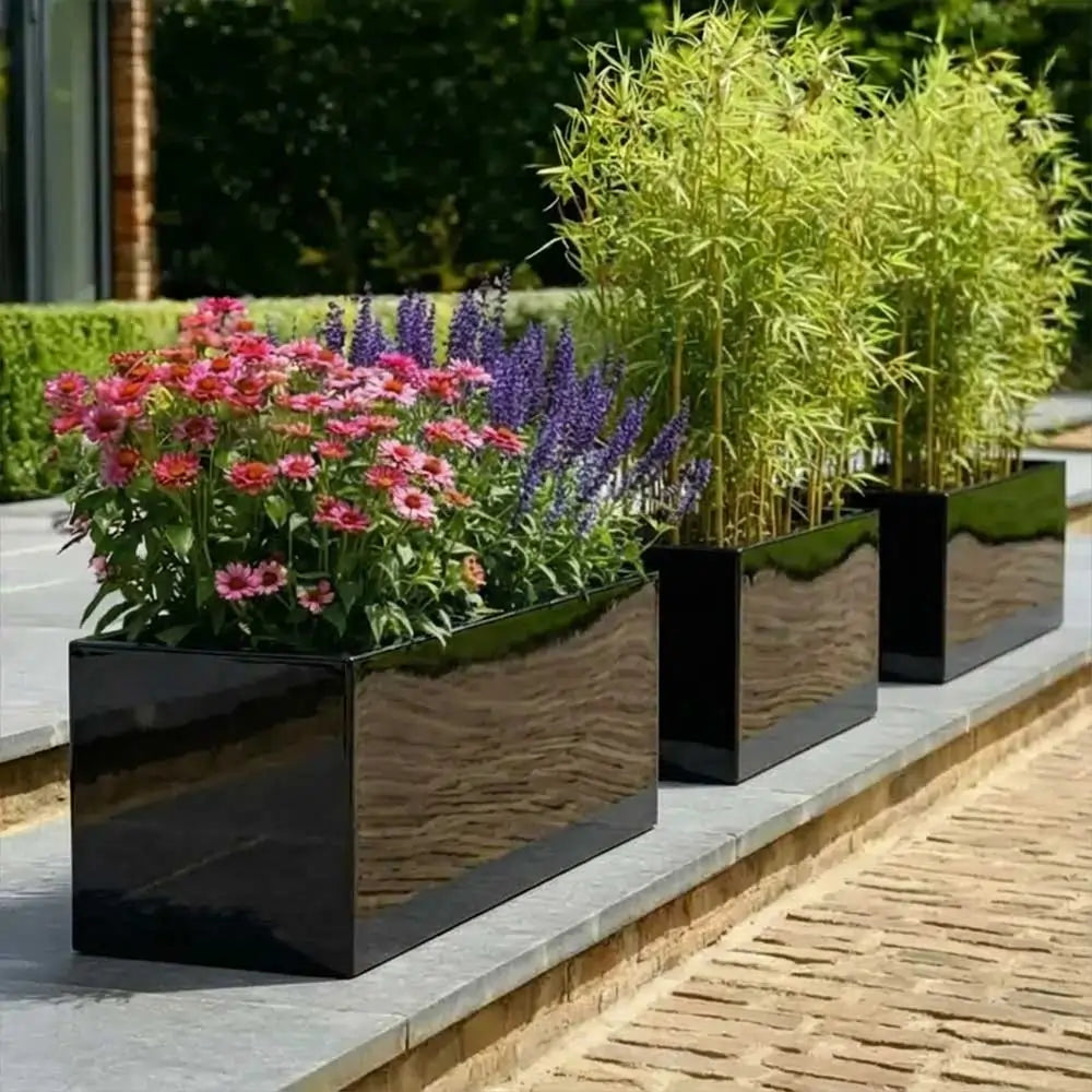 black window box planters 70cm Zinc Galvanised Polished Black Window Box Planter – Woven Wood