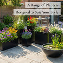 Various planters with different plants on a patio area, with text overlay 'A Range of Planters Designed to Suit Your Style'.