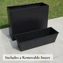Two black rectangular planters with a removable insert on a tiled floor.