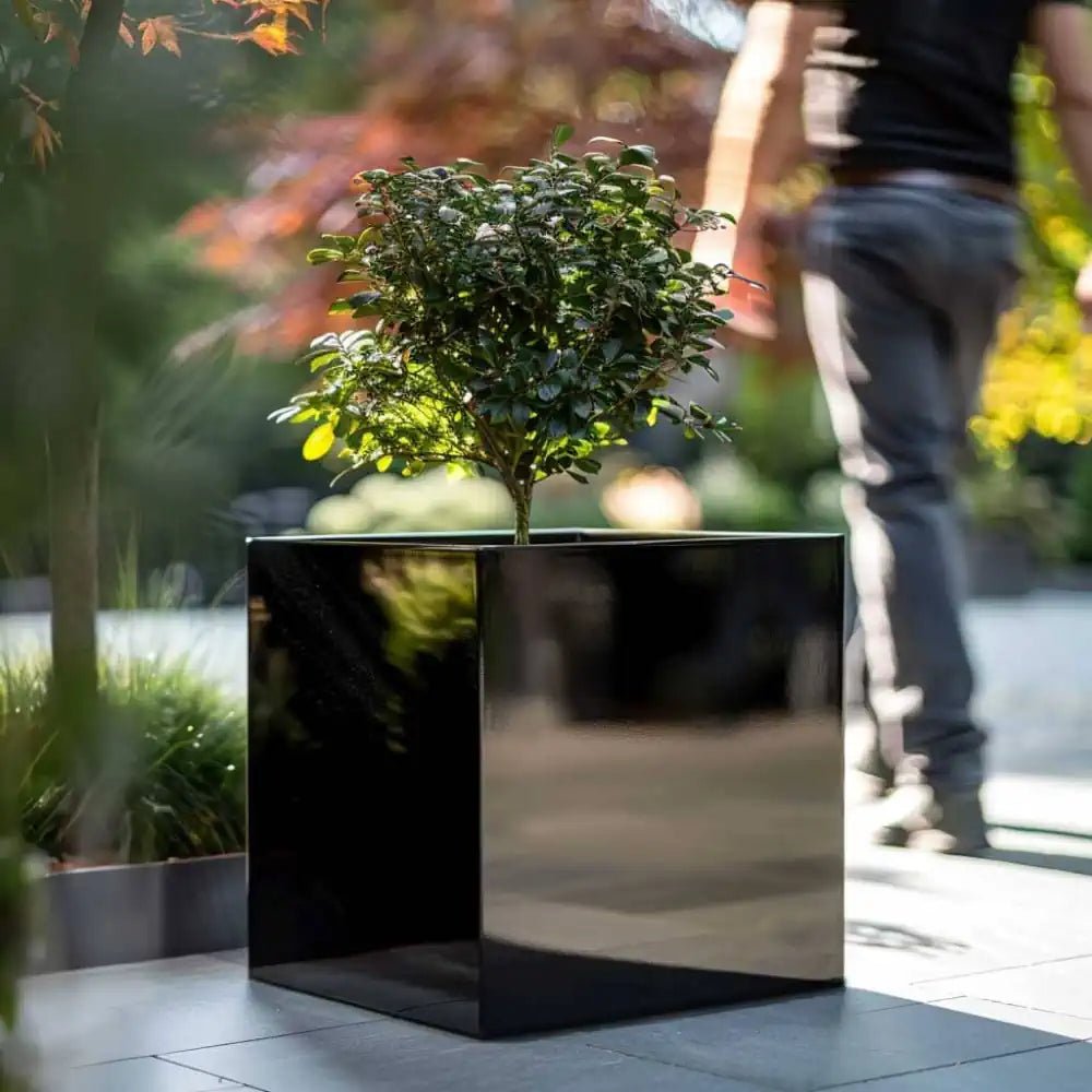 zinc plant pots 40cm Zinc Galvanised Polished Black Square Planter – Woven Wood