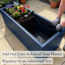 Add our liner to extend your planter warranty by an additional year - blue zinc trough planter with fabric liner fitted