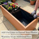 Add our liner to extend your planter warranty by an additional year - copper zinc trough planter with fabric liner fitted