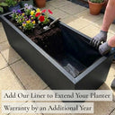Add our liner to extend your planter warranty by an additional year - matte black zinc trough planter with fabric liner fitted