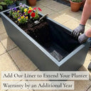 Add our liner to extend your planter warranty by an additional year - matte grey zinc trough planter with fabric liner fitted