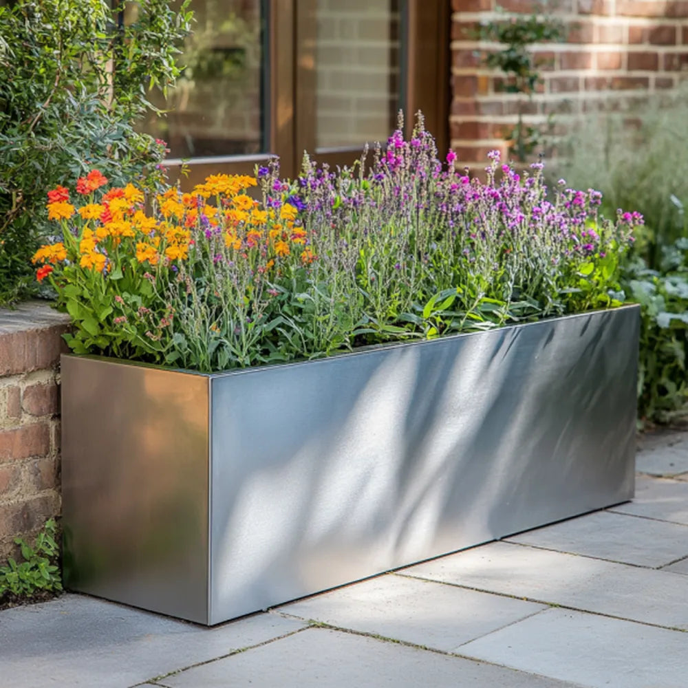 75cm Zinc Galvanised Silver Trough Planter Woven Wood 75cm-zinc-galvanised-silver-trough-planter-woven-wood